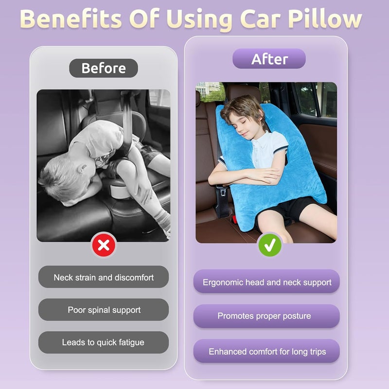 FAIORD Car Pillow for Kids, Travel Pillow with Adjustable Strap, Kids Floor Pillows Cushions for Adults and Children to Support Head and Body Road Trip Essentials (Blue) - Image 2